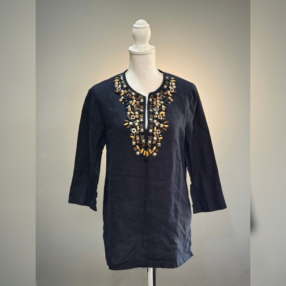 Navy Michael Kors Beaded Linen Tunic Size M EUC